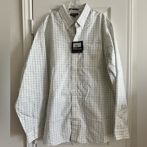 Eddie Bauer Men's White Checked Wrinkle Free Relaxed Fit Button Down Shirt, TXL - Picture 9 of 10